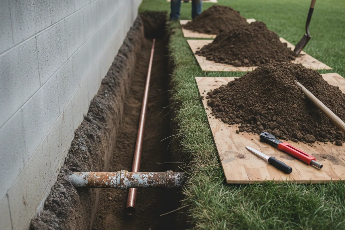 Excavated water line trench during Sewer Line Repair in Adams Center